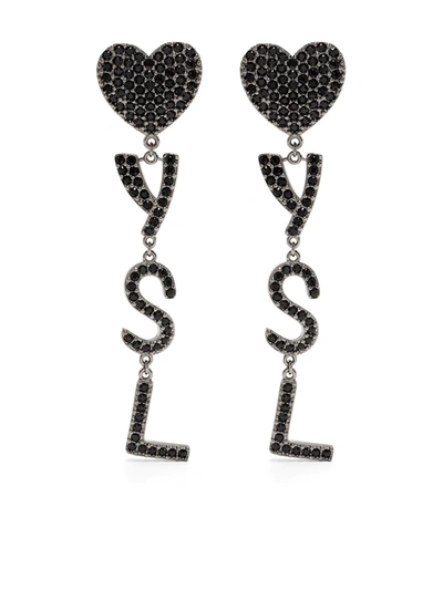 Shop Saint Laurent Crystal-embellished Logo Drop Earrings In Silver