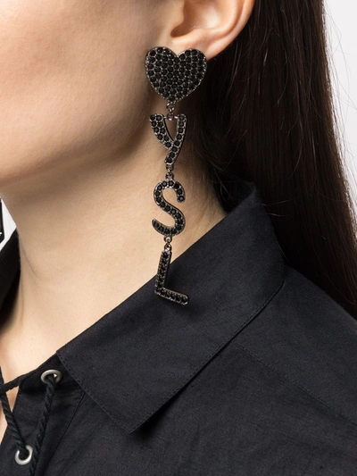 Shop Saint Laurent Crystal-embellished Logo Drop Earrings In Silver