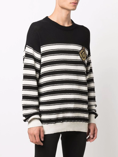 Balmain Striped Knit Wool Blend Sweater W/ Badge In Schwarz