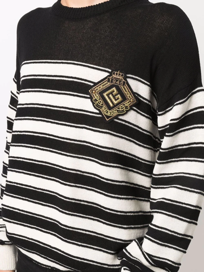 Balmain Striped Knit Wool Blend Sweater W/ Badge In Schwarz