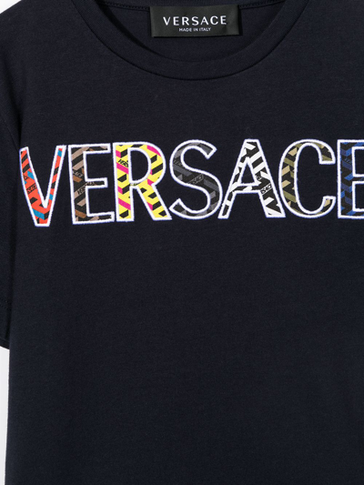 Shop Versace Greca Logo-embroidered Cotton T-shirt In Blue