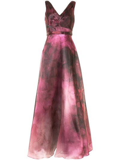 Shop Marchesa Notte Printed Flared Gown In Purple