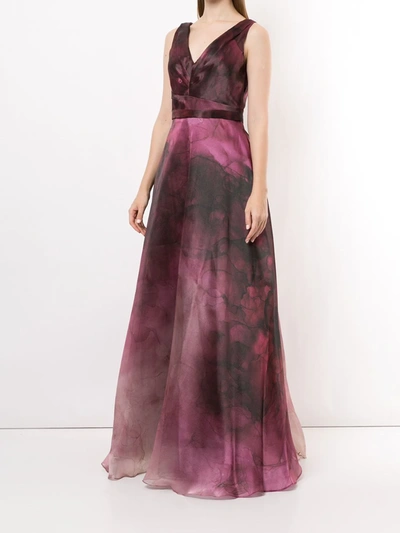Shop Marchesa Notte Printed Flared Gown In Purple