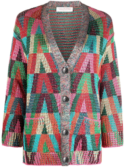 Shop Valentino Intarsia-knit Logo Knitted Cardigan In Green