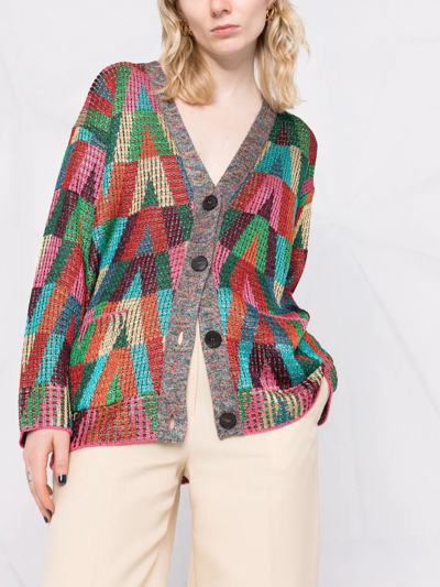 Shop Valentino Intarsia-knit Logo Knitted Cardigan In Green