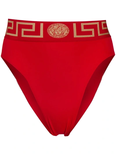 Shop Versace Greca Border High-waisted Bikini Bottoms In Red