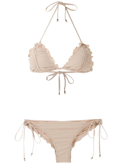 Shop Amir Slama Scalloped Trim Bikini Set In Neutrals