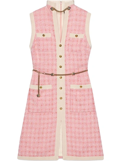 Gucci Sleeveless Short Tweed Dress With Chain Belt In Pink ,white