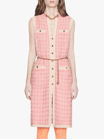 Shop Gucci Short Tweed Dress With Chain Belt In Pink ,white