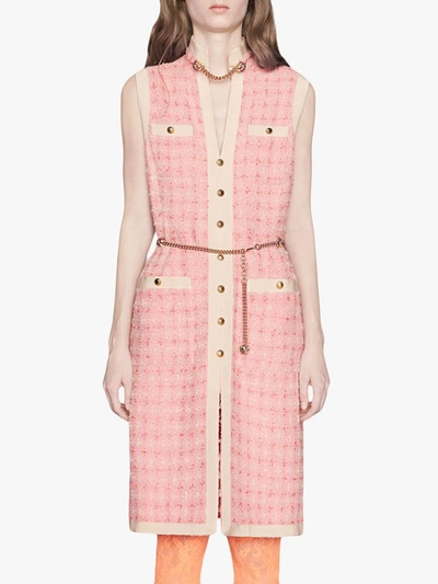 Gucci Sleeveless Short Tweed Dress With Chain Belt In Pink ,white