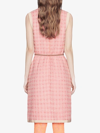 Shop Gucci Short Tweed Dress With Chain Belt In Pink ,white