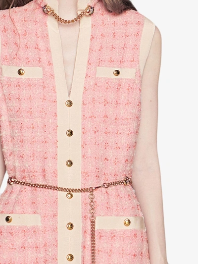 Shop Gucci Short Tweed Dress With Chain Belt In Pink ,white