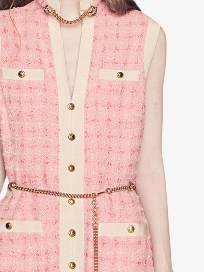 Gucci Sleeveless Short Tweed Dress With Chain Belt In Pink ,white