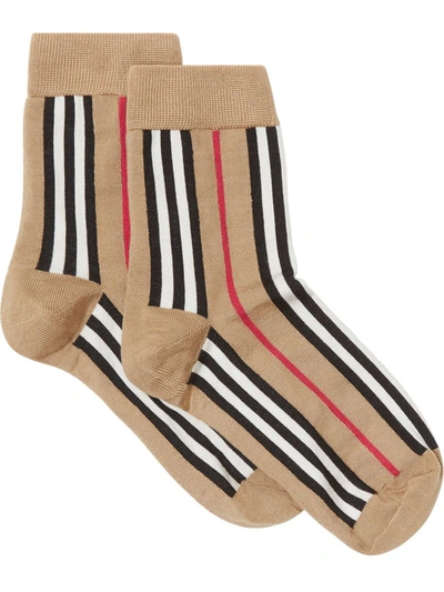 Shop Burberry Icon Stripe Intarsia Ankle Socks In Yellow