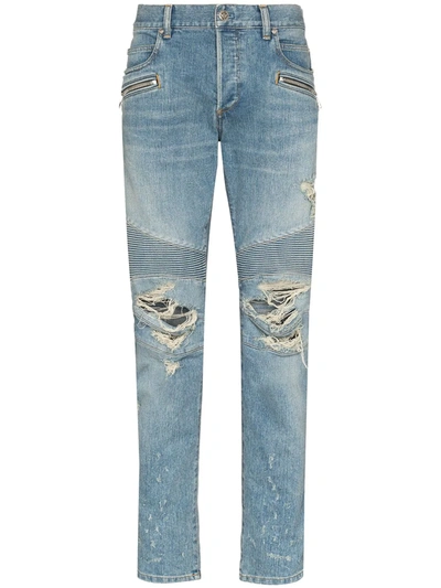 Shop Balmain Distressed Tapered Jeans In Blue
