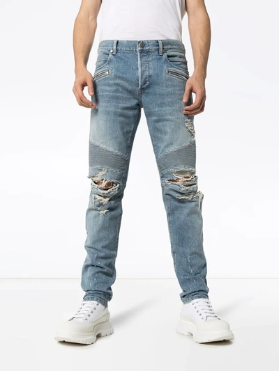 Shop Balmain Distressed Tapered Jeans In Blue