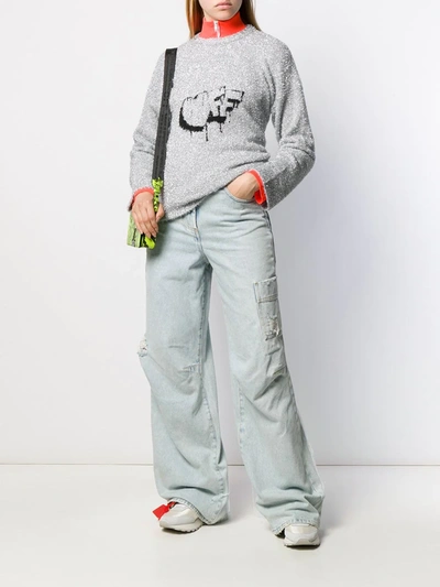 Off-white Fuzzy Logo-intarsia Crewneck Sweater In Silver