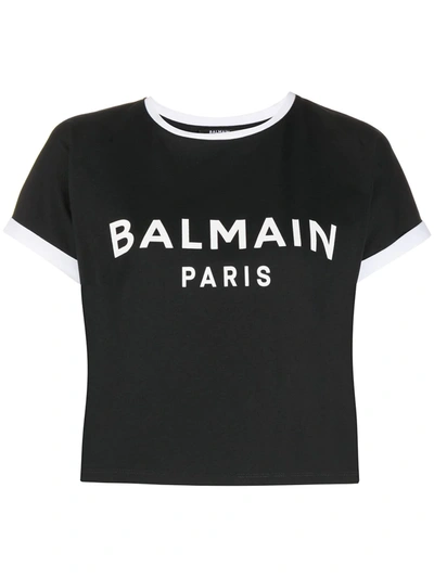 Shop Balmain Cropped Logo T-shirt In Black