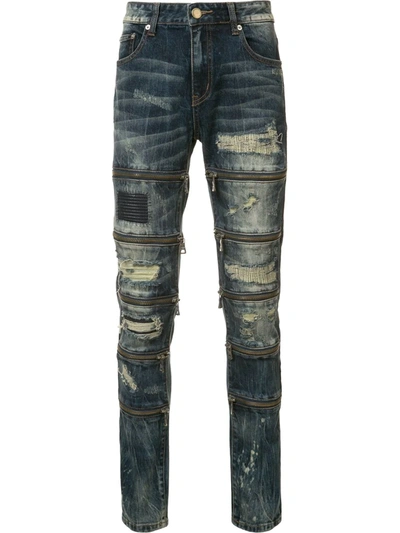 Shop God's Masterful Children Zipped Ripped Skinny Jeans In Blue