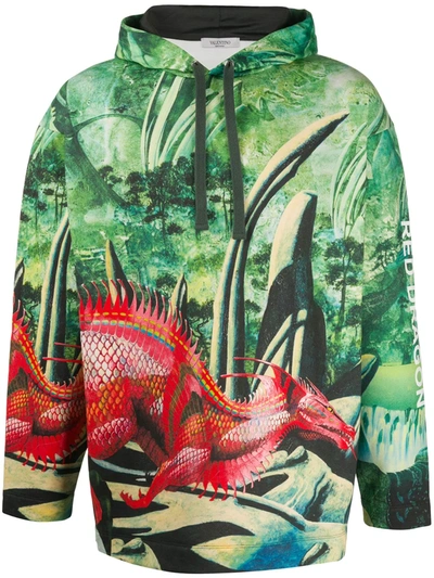 Shop Valentino Red Dragon Print Hoodie In Green