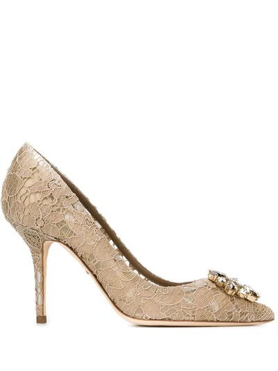 Shop Dolce & Gabbana Rainbow Lace 90mm Brooch-detail Pumps In Neutrals