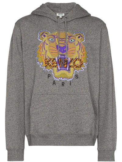 Shop Kenzo Hiking Tiger Embroidered Hoodie In Grey