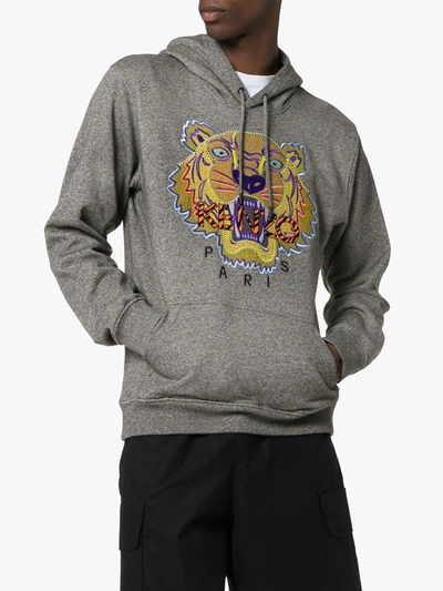 Shop Kenzo Hiking Tiger Embroidered Hoodie In Grey