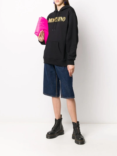 Shop Moschino Logo Embroidery Hoodie In Black