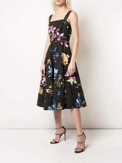 Shop Marchesa Flared Floral Print Dress In Black