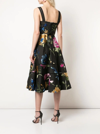 Shop Marchesa Flared Floral Print Dress In Black