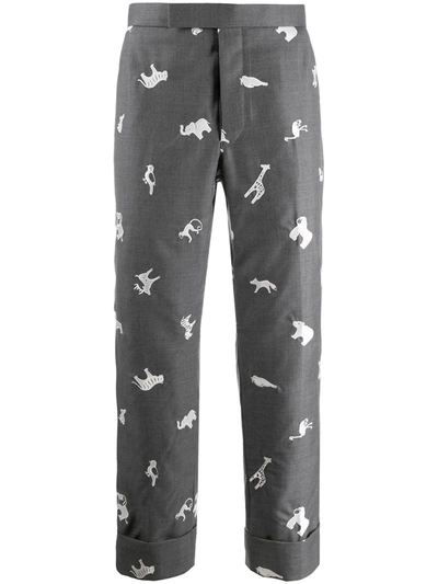 Shop Thom Browne Animal-embroidered Cropped Trousers In Grey