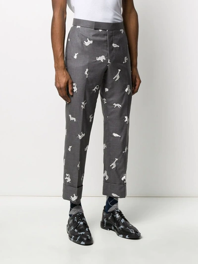 Shop Thom Browne Animal-embroidered Cropped Trousers In Grey