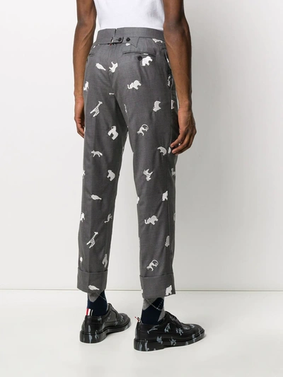 Shop Thom Browne Animal-embroidered Cropped Trousers In Grey
