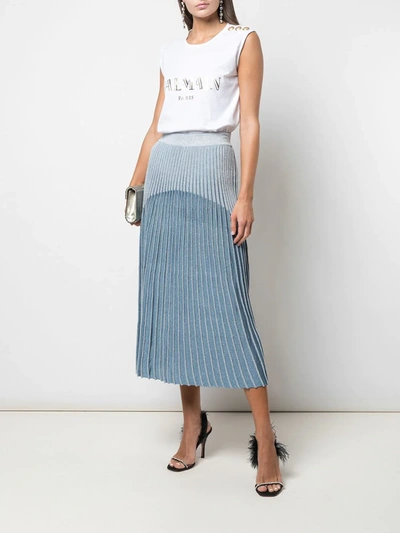 Shop Balmain High-waisted Pleated Skirt In Blue