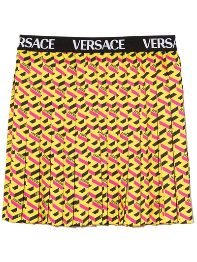 Shop Versace La Greca Print Pleated Skirt In 黄色