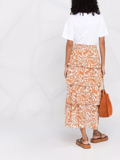 Shop Maje Paisley-print Asymmetric Midi Skirt In Orange