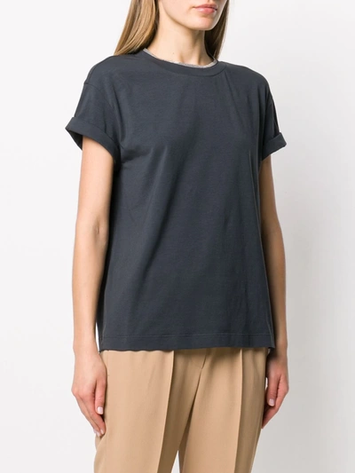 Brunello Cucinelli Blue Crewneck T-shirt With Monil Detail On The Collar And Rear Cut-out In Cotton Stretch Woman In Blue