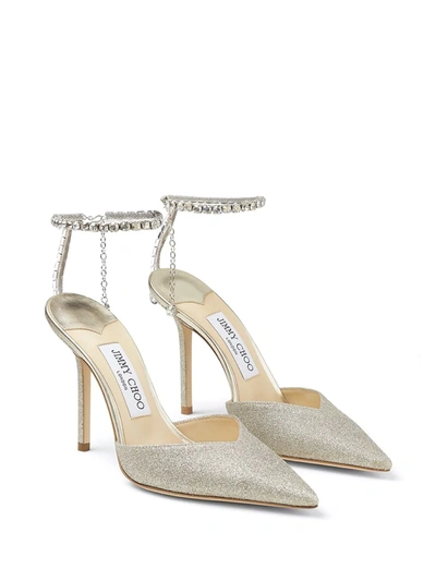 Jimmy Choo Platinum Glitter Saeda 100 Pumps In White