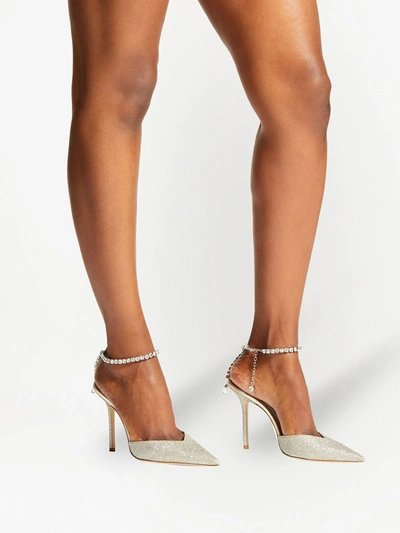 Jimmy Choo Platinum Glitter Saeda 100 Pumps In White