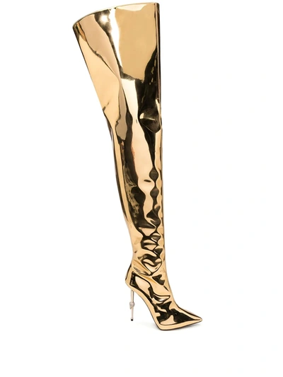 Shop Philipp Plein Metallic Thigh-high Skull Stiletto Boots In Gold