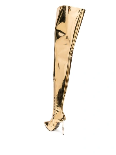 Shop Philipp Plein Metallic Thigh-high Skull Stiletto Boots In Gold