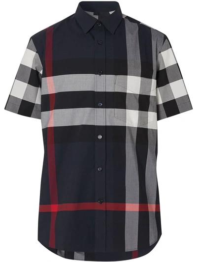 Shop Burberry Checked Shortsleeved Shirt In Blue