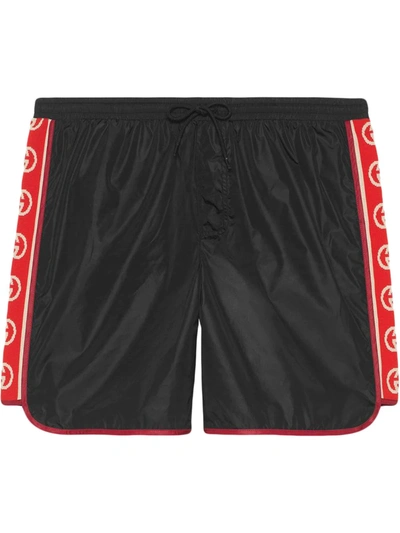 Shop Gucci Nylon Swim Shorts With Logo Stripe In Black