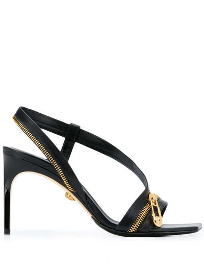 Versace Golden Zipper Stiletto Sandals In Blackgold | ModeSens