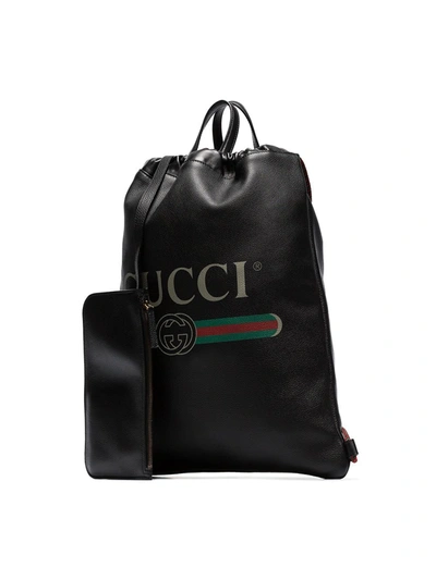 GUCCI LOGO印花抽绳系带真皮背包 - 黑色