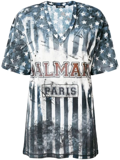 Shop Balmain U.s.a. Print T-shirt In Blue