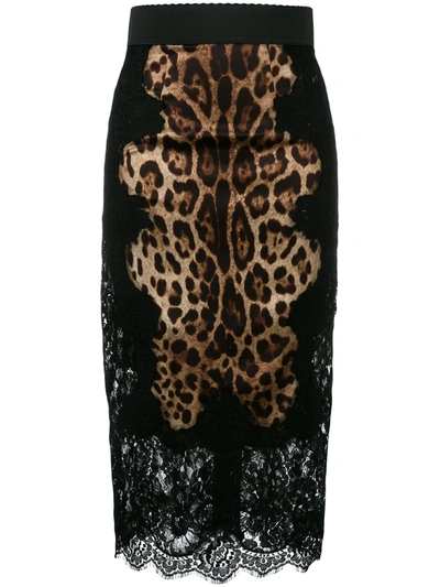 Dolce & Gabbana Lace And Leopard-print Charmeuse Midi Skirt In Brown