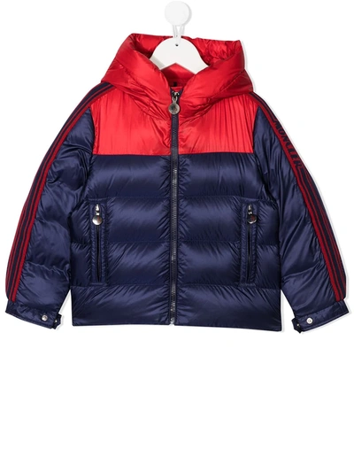 Shop Moncler Hooded Block Color Puffer Jacket In Blue