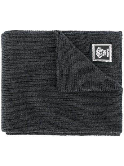 Shop Versace Ribbed Knit Wool Scarf In Grey