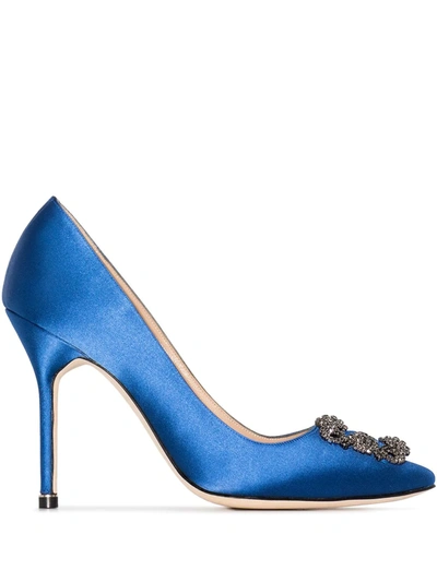Manolo Blahnik Satin Hangisi 105 Pumps With Jewel Embellishment In Blue